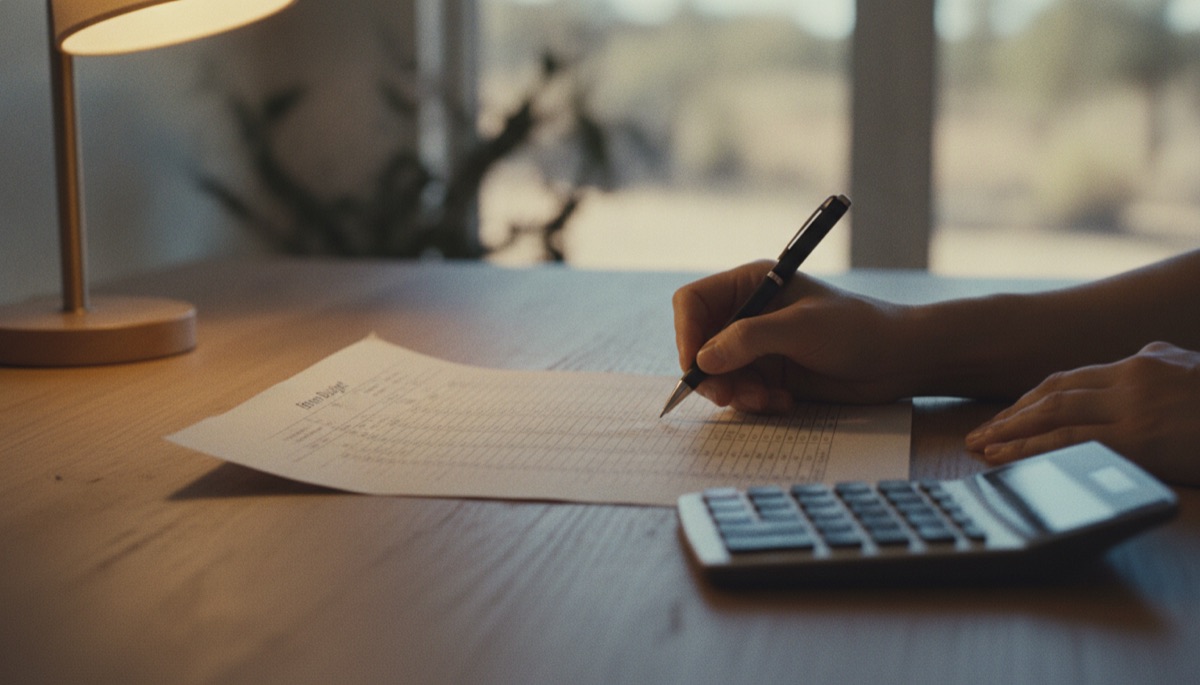 Reviewing an itemised budget with calculator and pen