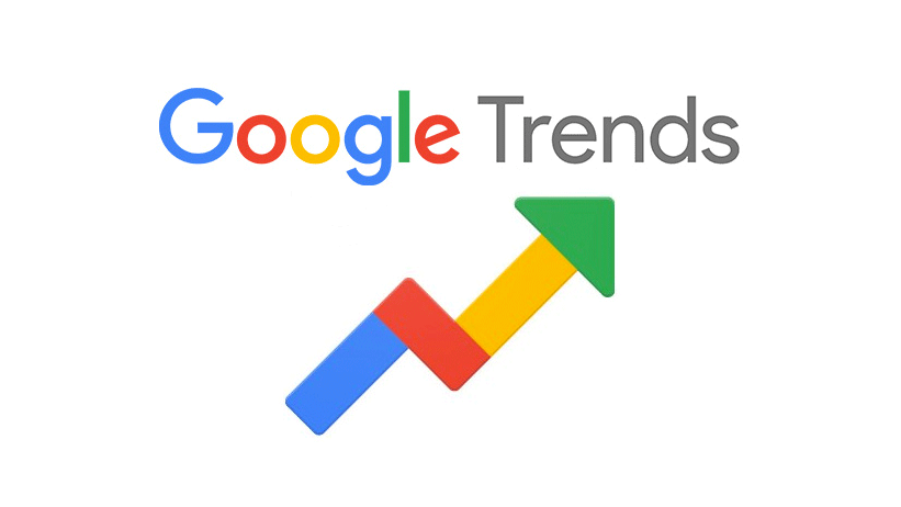 Google Trends logo above a multi-coloured upward-trending arrow icon.
