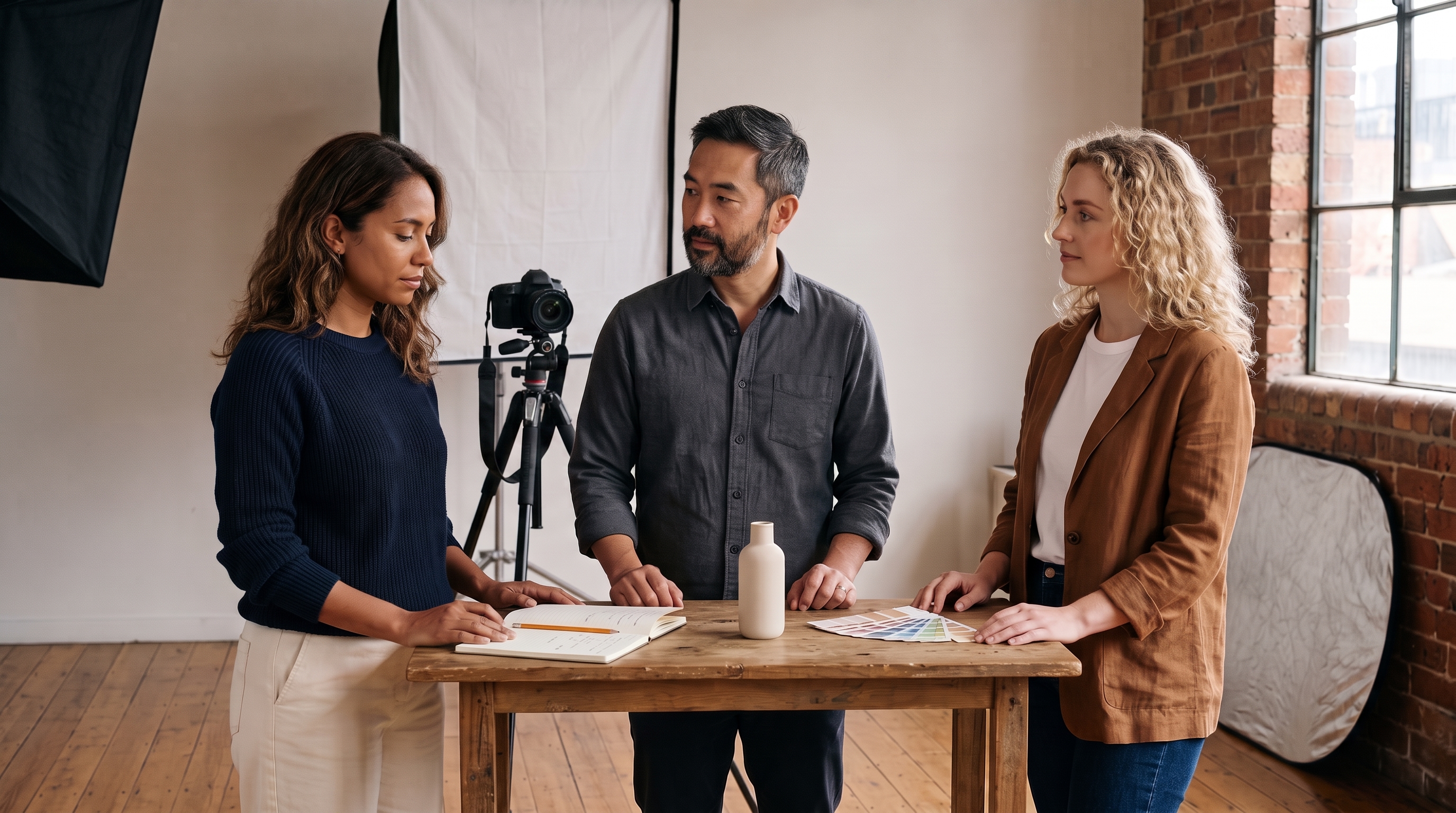 Three marketing professionals planning an influencer content campaign in a photography studio