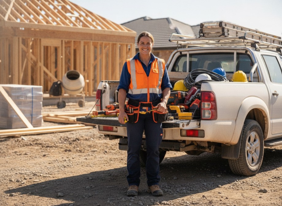 Australian tradesperson beside a work vehicle on a construction site