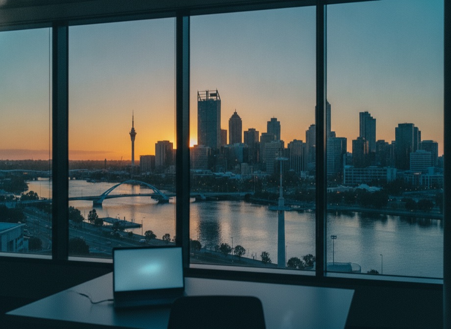 Perth CBD and Swan River at golden hour from an office window